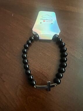 Handmade Black Beaded Bracelet with Cross Accent